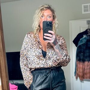 Hem & Thread Leopard Print Long Sleeve Satin Blouse